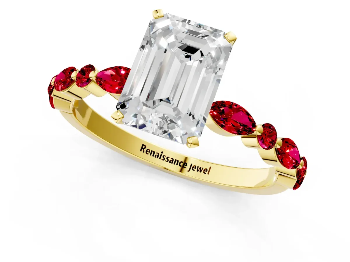 Emerald Cut Diamond Ring with Marquise and Round Ruby Side Stones and Four-Prong Setting Yellow gold