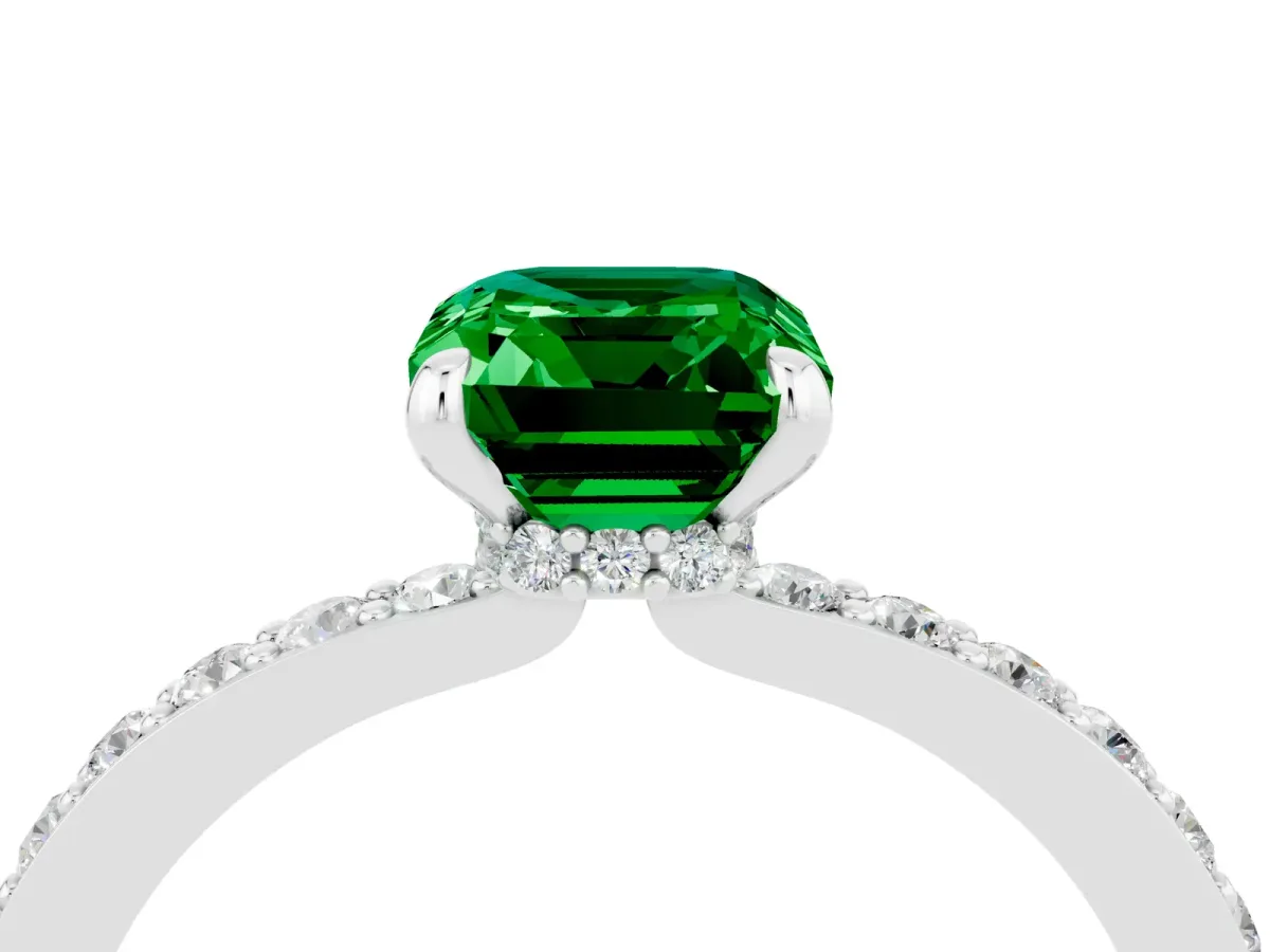 Emerald Cut Emerald Solitaire Engagement Ring with Pavé Band and Four-Prong Setting Platinum