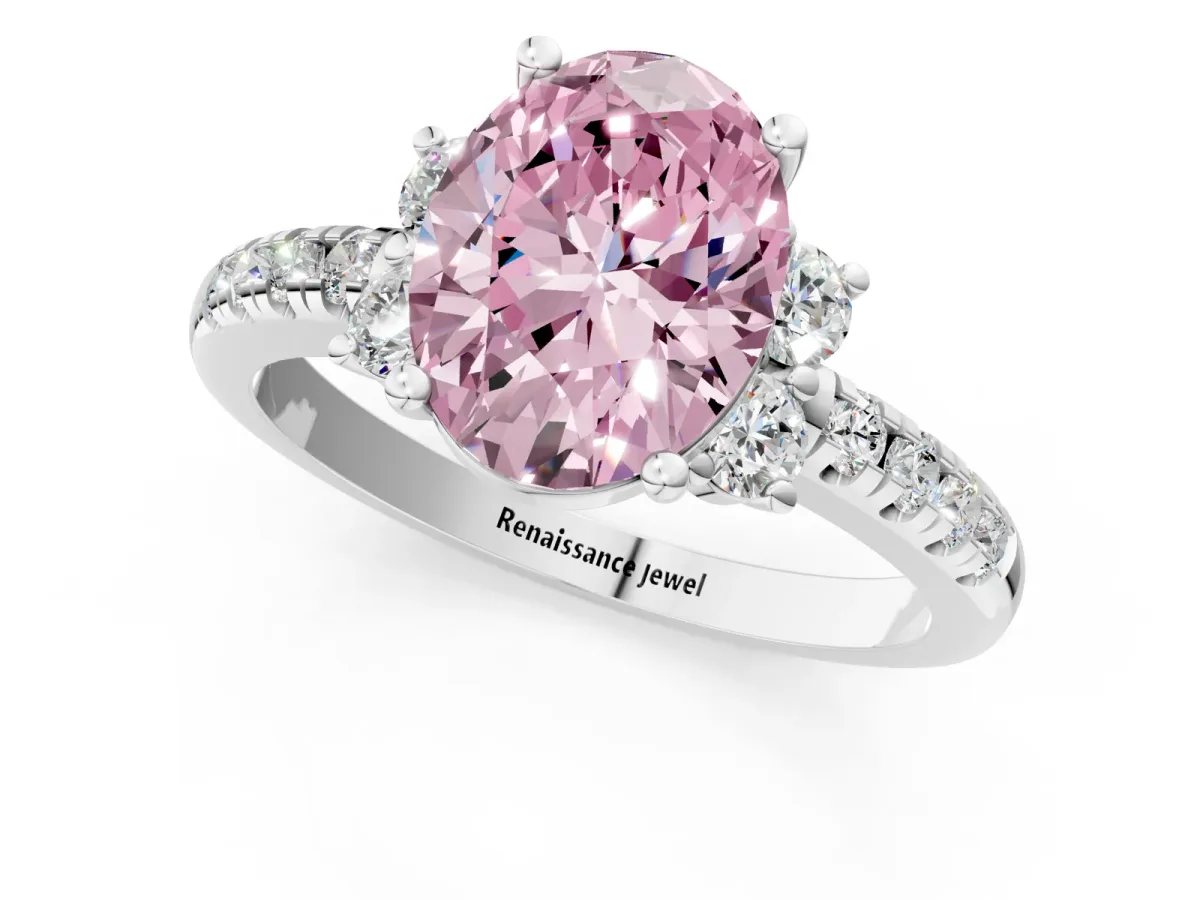 Fancy Pink Oval Cut Diamond Three-Stone Pave Band with Four-Prong Setting Silver