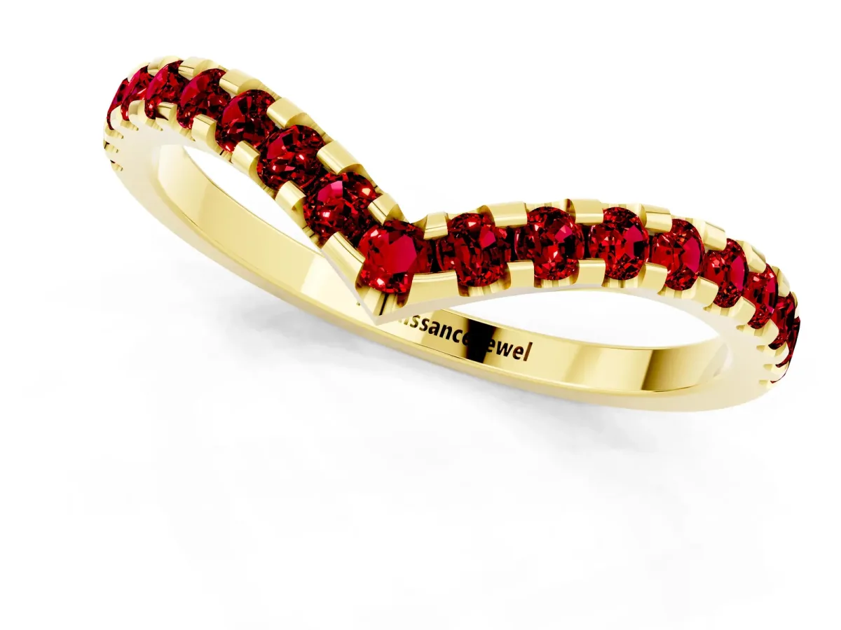Pavé Round Ruby Chevron Band with Shared Prong Setting Yellow gold