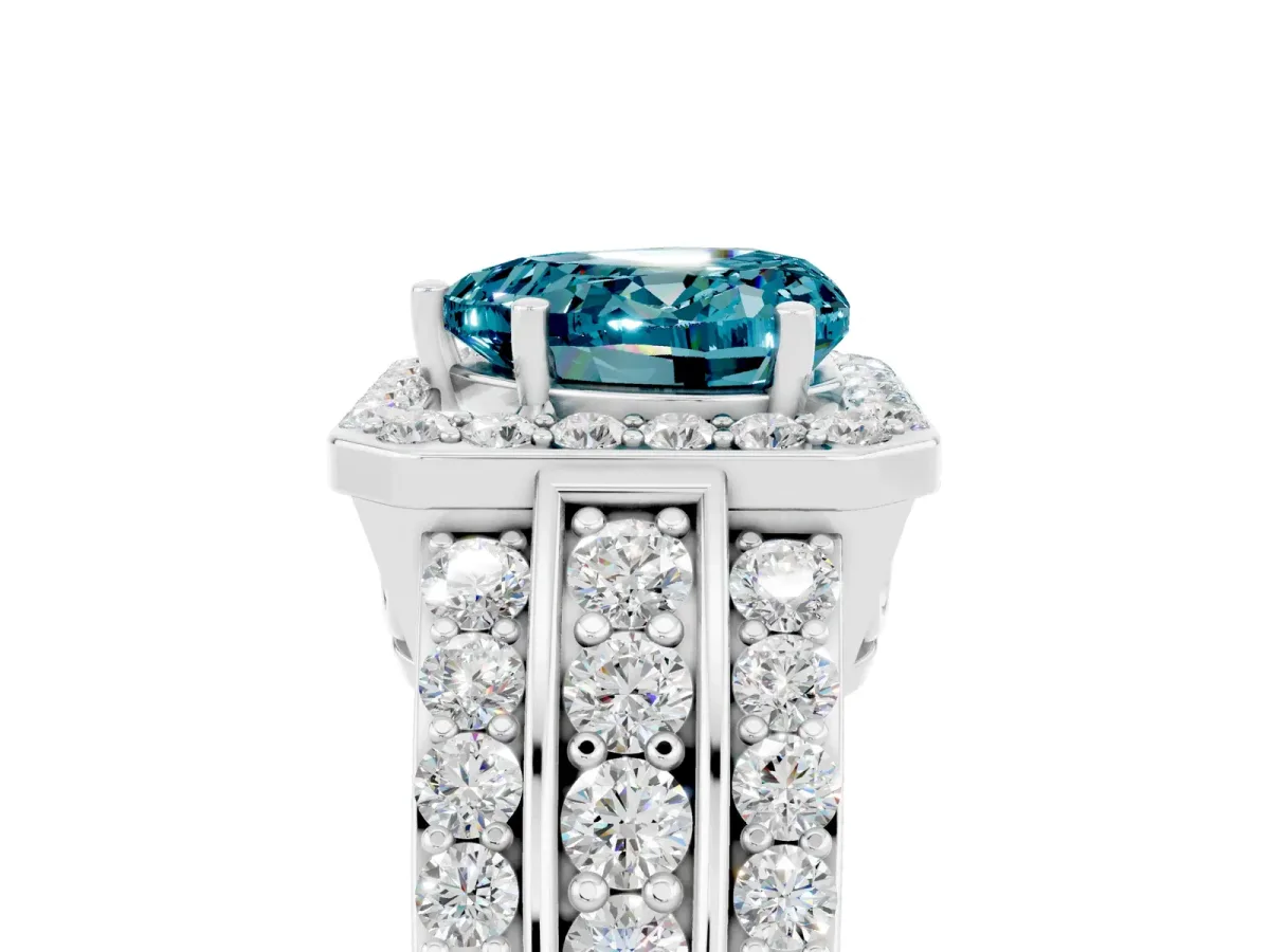 Heart Cut Halo Blue Topaz Ring with Round Split Shank and Prong Setting Silver
