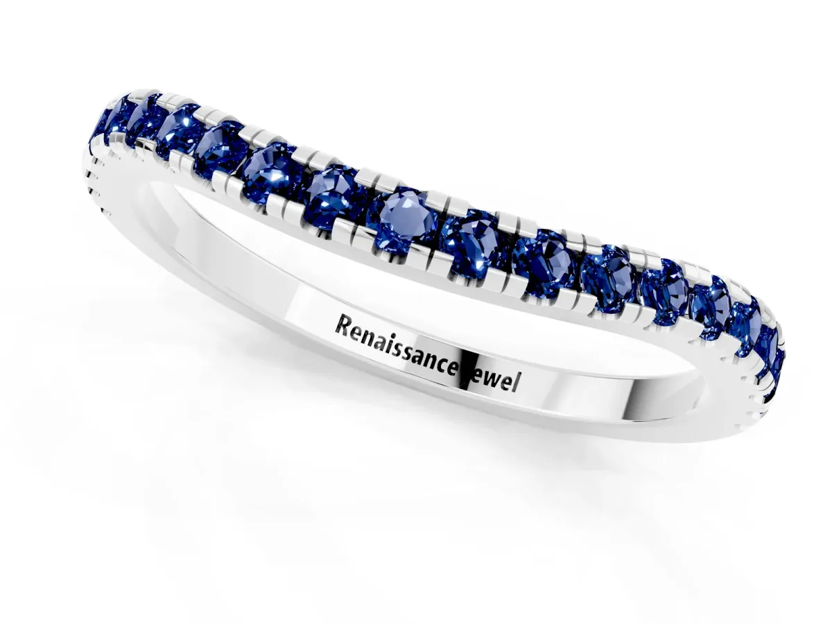 Round Blue Sapphire Pavé Half Eternity Band with Shared Prong Setting Silver