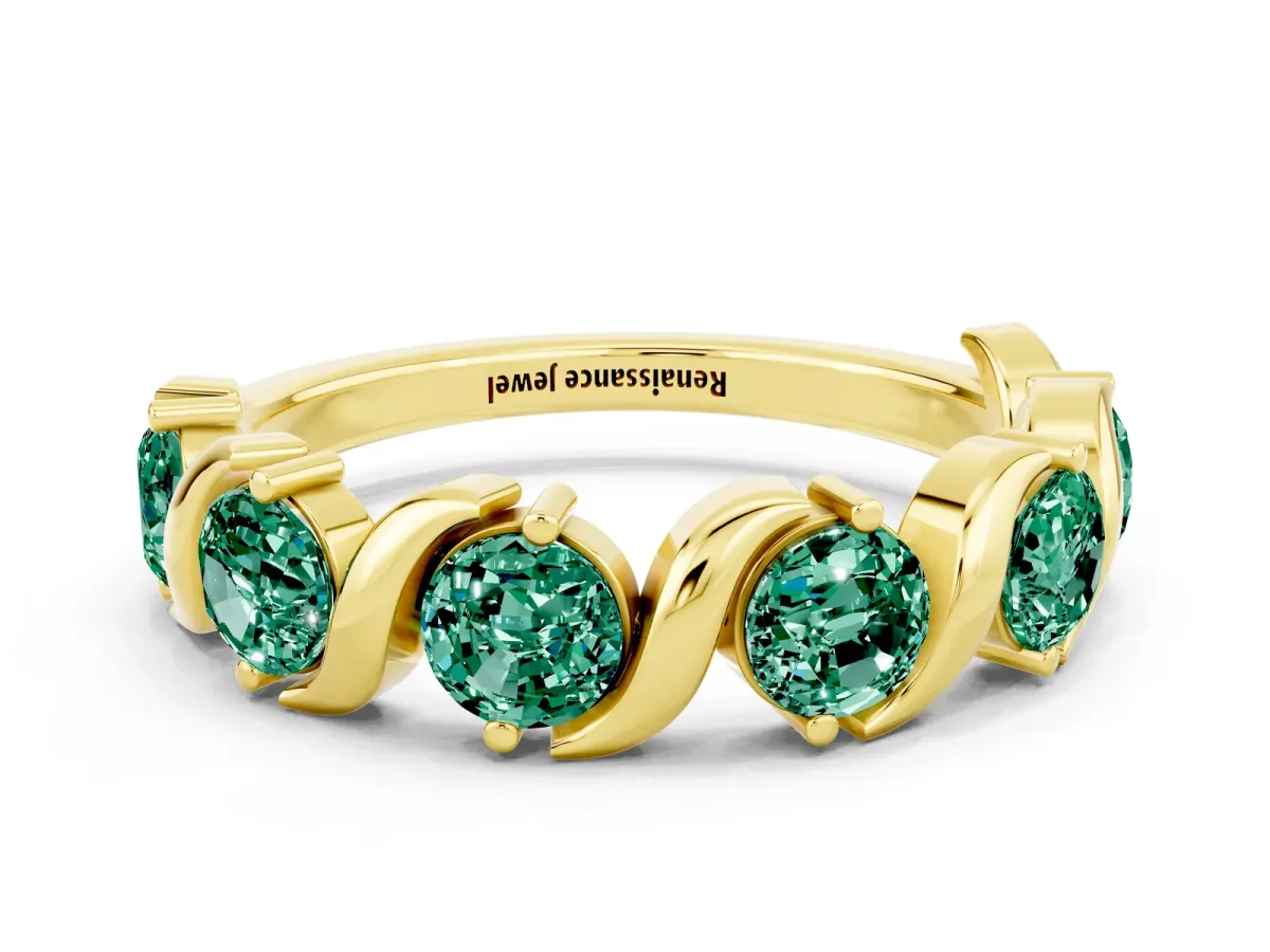 Six-Stone Round Green Sapphire Wave Band with Shared Prong Setting Yellow gold