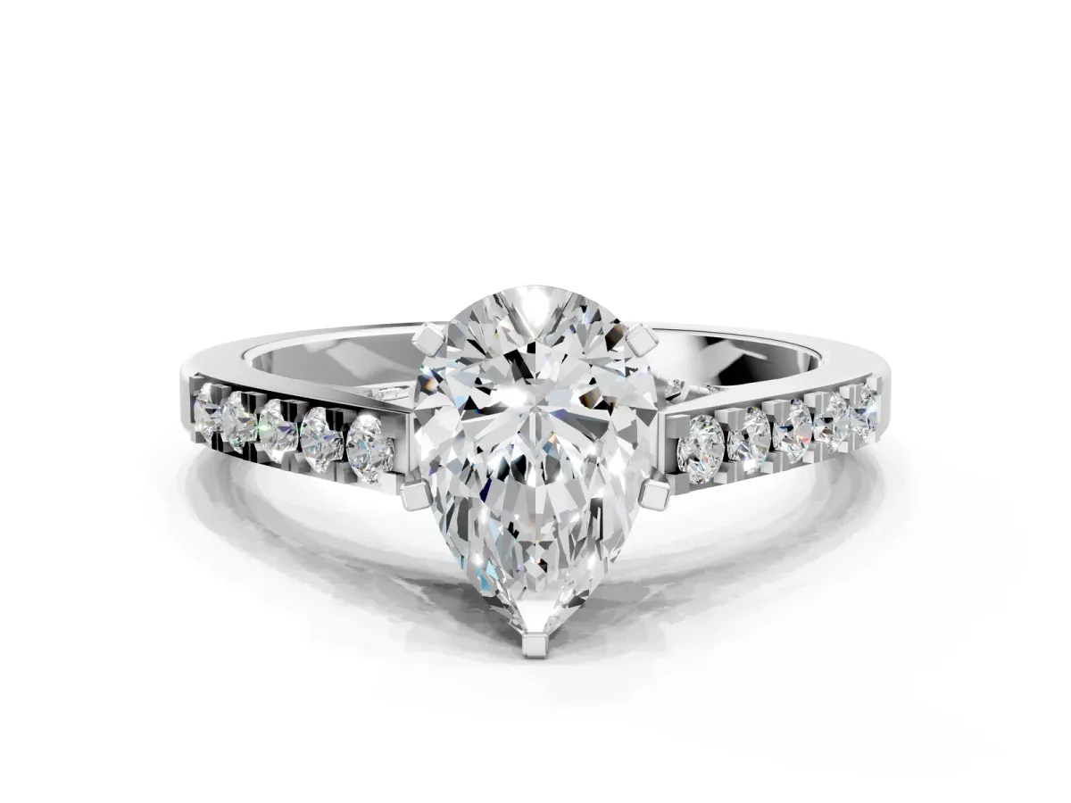 Pear Cut Diamond Solitaire Ring with Crossover Gallery and Round Pavé Band Silver