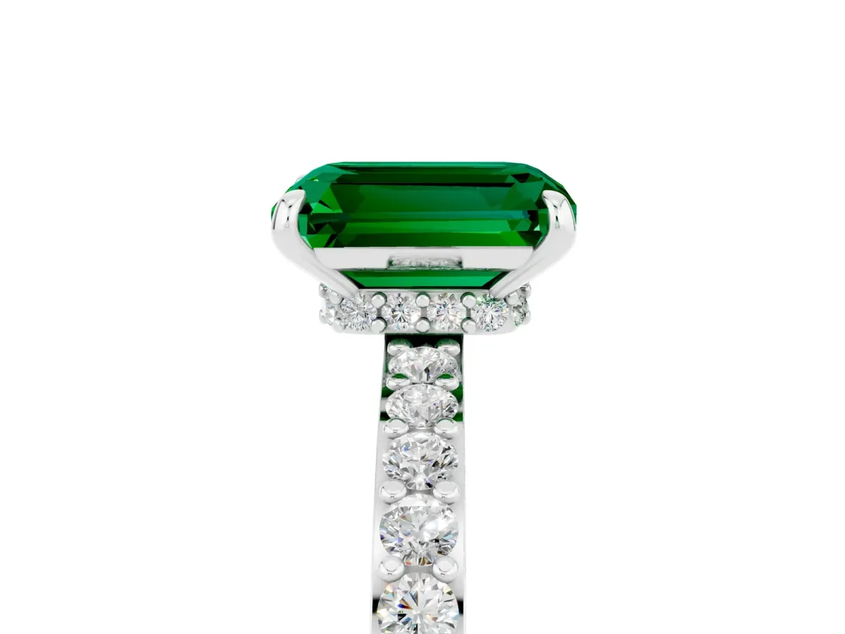 Emerald Cut Emerald Solitaire Engagement Ring with Pavé Band and Four-Prong Setting Platinum
