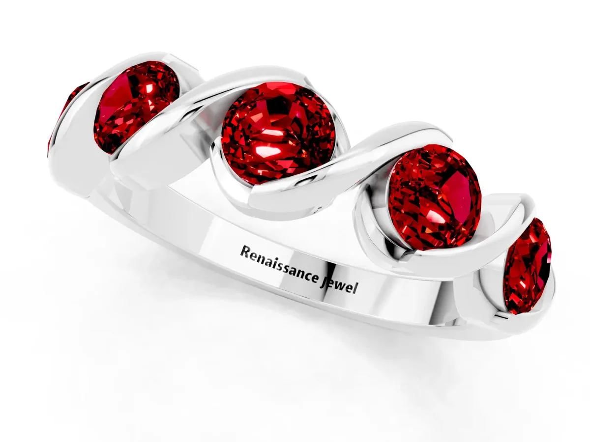 Round Ruby Wave Band with Channel Setting and Shared Prongs Silver