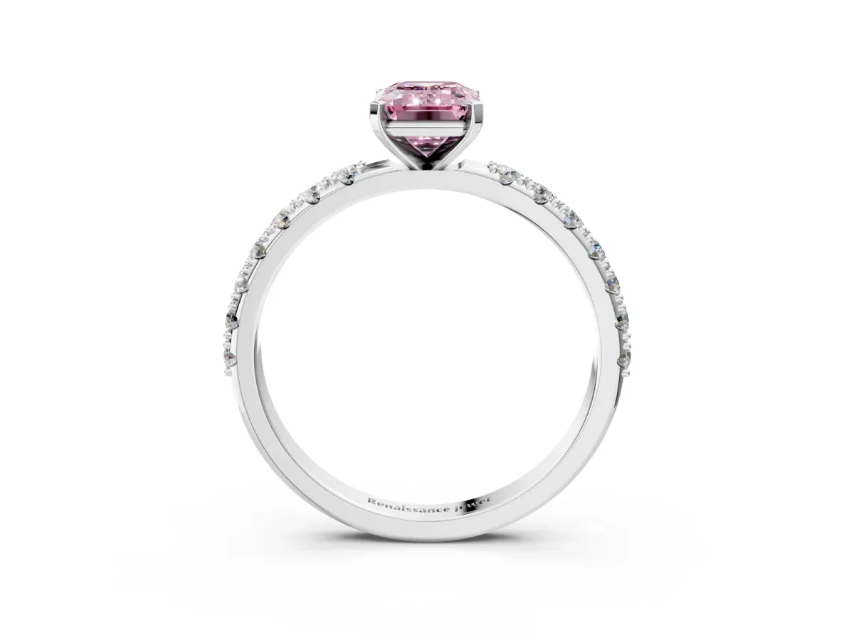Fancy Pink Emerald Cut Diamond Solitaire Pavé Band with Four-Prong Setting Platinum