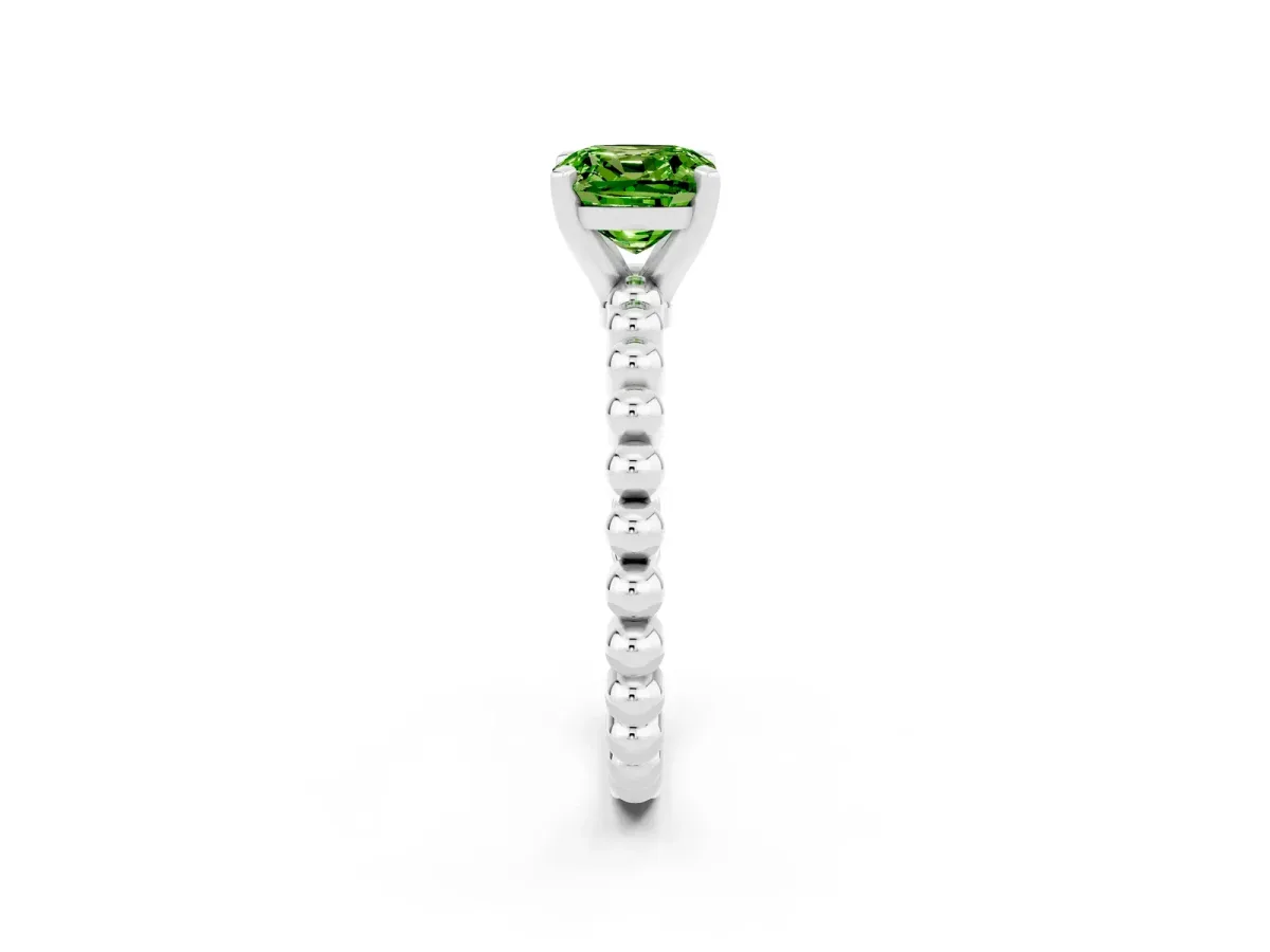 Cushion Cut Peridot Solitaire Ring with Beaded Band and Prong Setting Silver