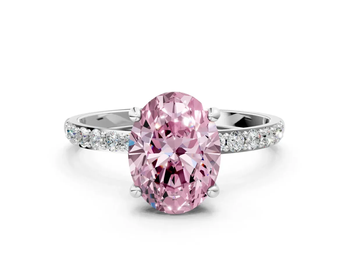 Fancy Pink Oval Cut Diamond Solitaire Ring with Round Pavé Band and Prong Setting Silver