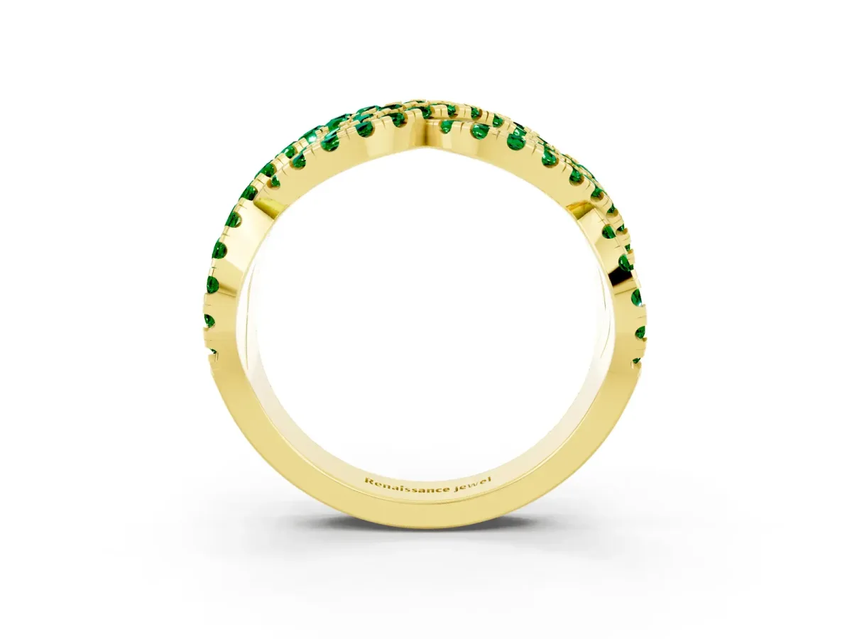 Pavé Round Emerald Infinity Twist Band with Shared Prong Setting Yellow gold