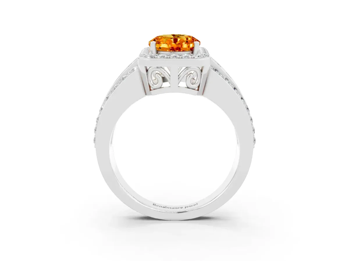 Oval Cut Halo Citrine Ring with Round Split Shank and Prong Setting Silver