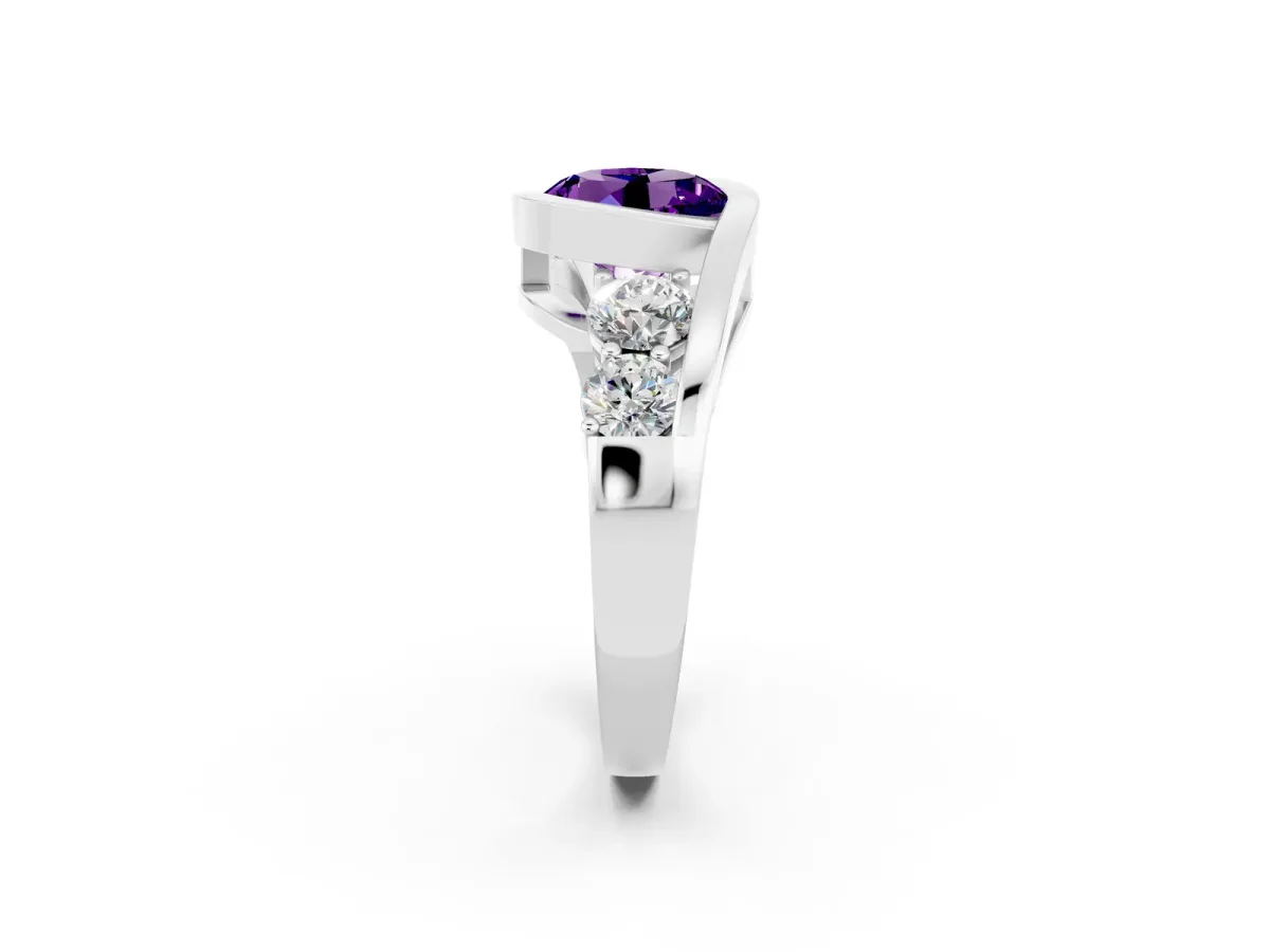 Bezel Set Round Cut Amethyst Bypass Ring with Round Accents Silver