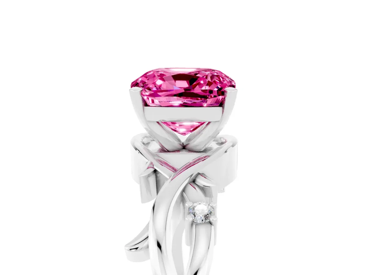Cushion Cut Pink Sapphire Solitaire Ring with Twisted Band and Prong Setting Silver