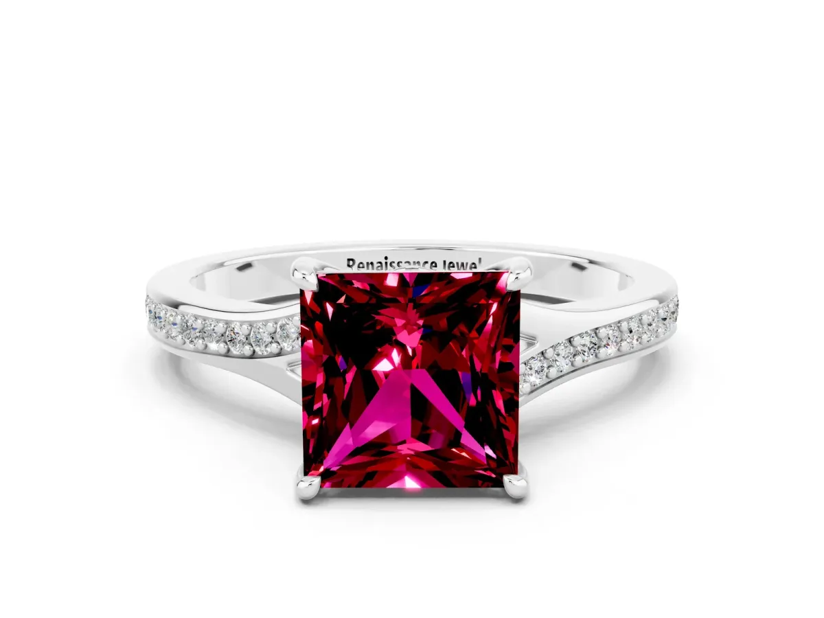 Princess Cut Garnet Solitaire Ring with Pavé Band and Prong Setting Silver