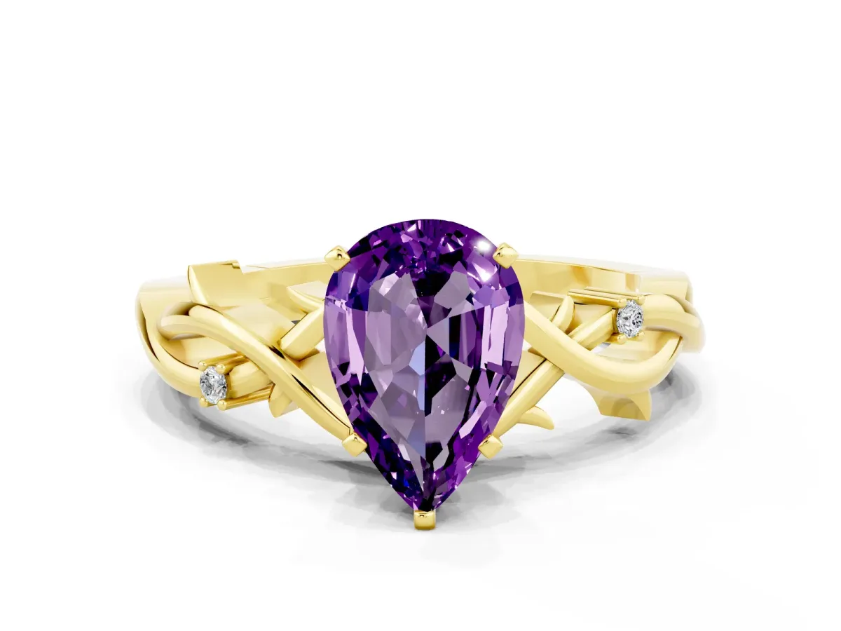 Pear Cut Amethyst Solitaire Ring with Twisted Band and Prong Setting Yellow gold