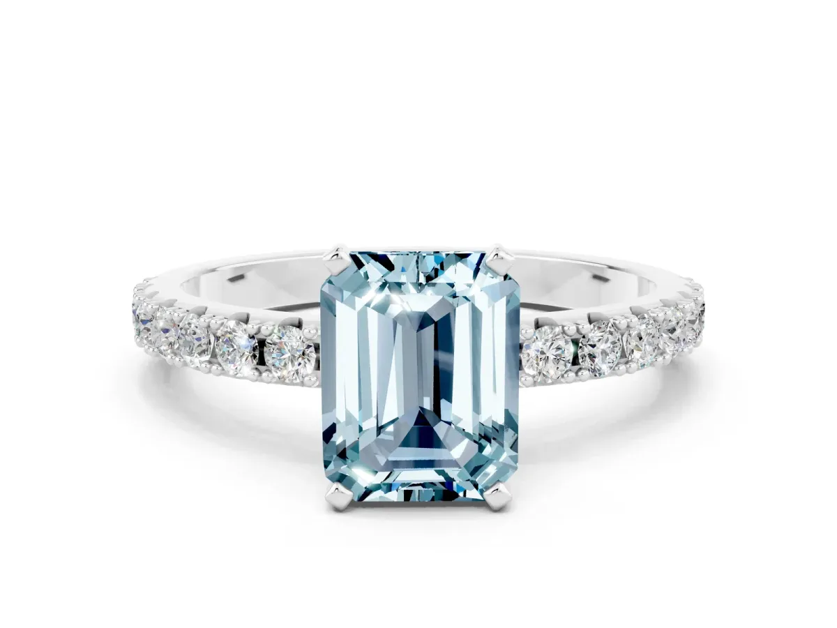 Emerald Cut Aquamarine Solitaire Pavé Band with Four-Prong Setting Silver