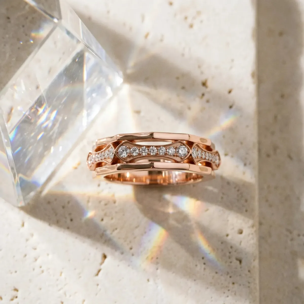Pavé Round Diamond Eternity Band with Bar Prong Setting Rose gold