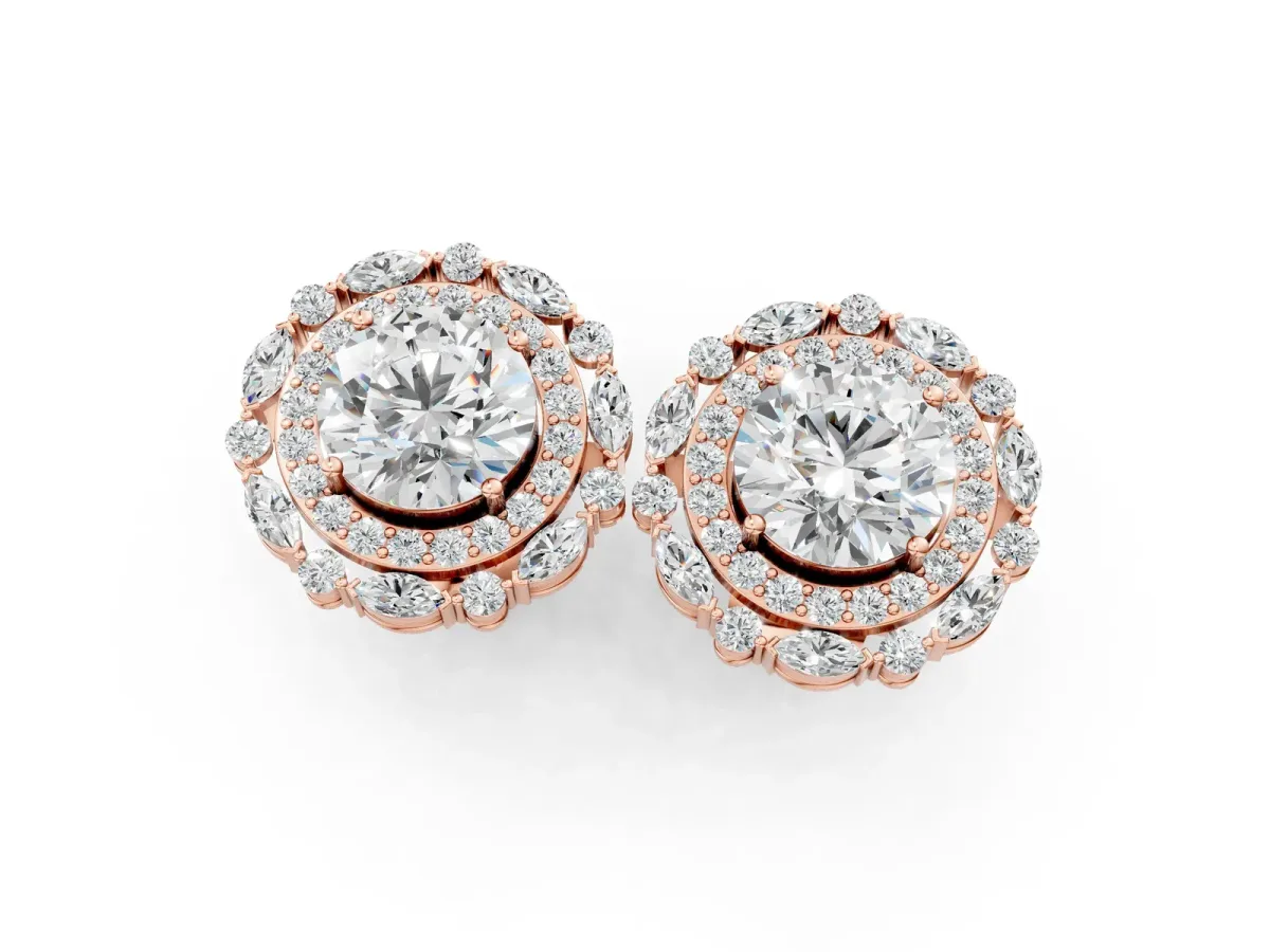 Round Diamond Double Halo Stud Earrings with Prong Setting Rose gold