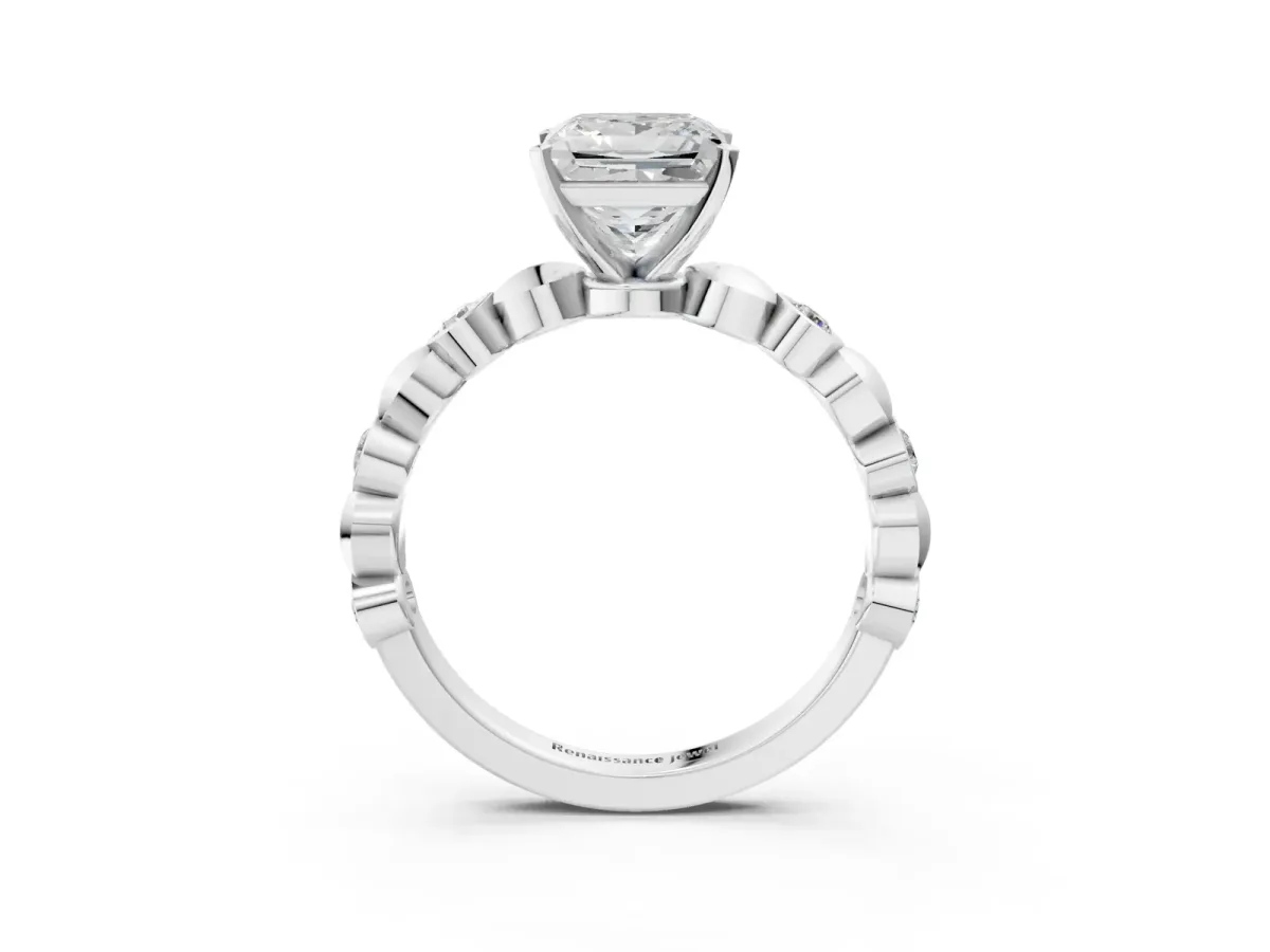Princess Cut Solitaire Bezel-Set Diamond Ring with Beaded Band and Four-Prong Setting Silver