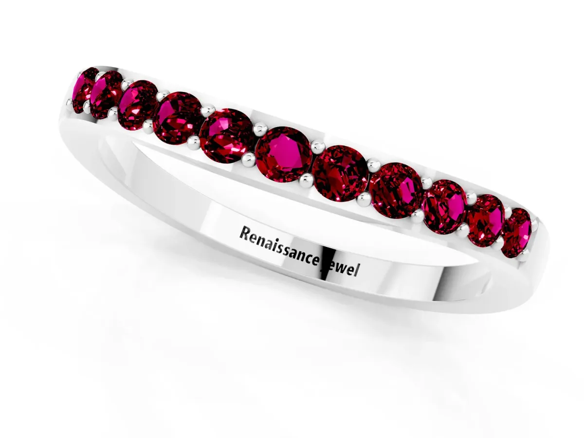 Round Garnet Curved Wedding Band with Channel Setting Platinum
