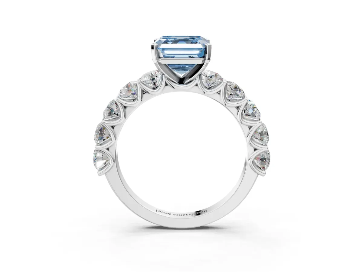 Fancy Blue Asscher Cut Diamond Prong Setting with Side Stones on a Pave Band Silver