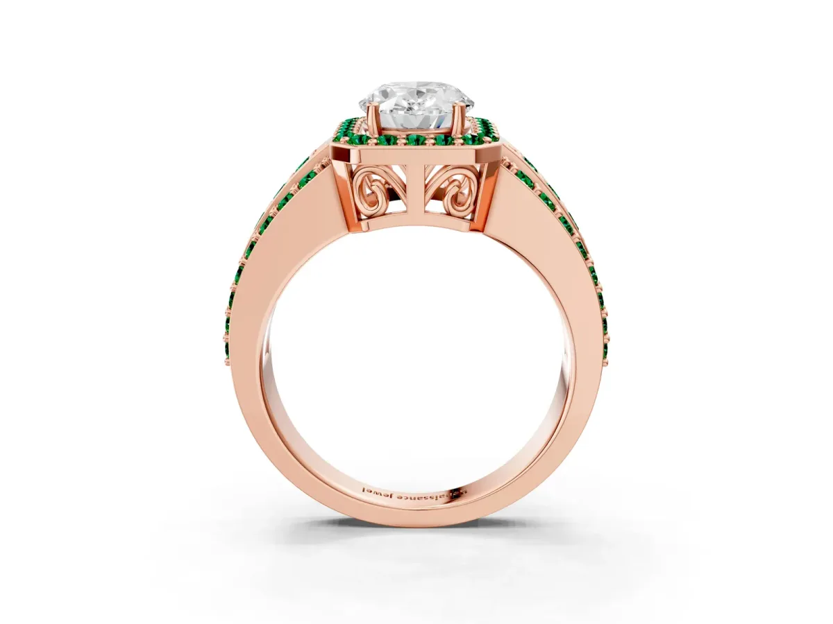 Oval Cut Halo Diamond Ring with Round Emerald Split Shank and Prong Setting Rose gold
