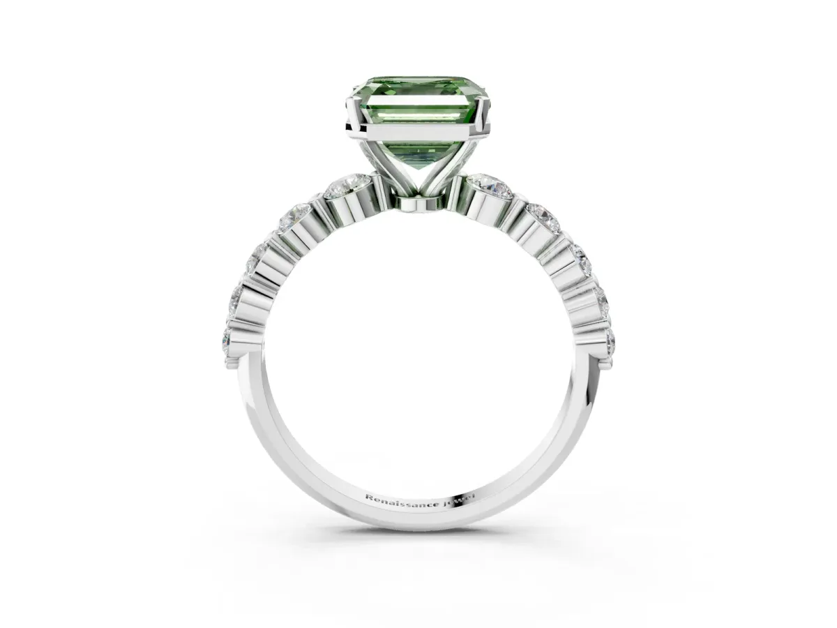Fancy Green Asscher Cut Solitaire Diamond Ring with Pave Band and Four-Prong Setting Silver