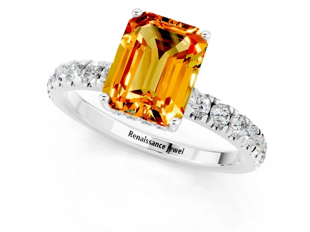 Emerald Cut Citrine Pave Band Solitaire Ring with Round and Prong Setting Platinum