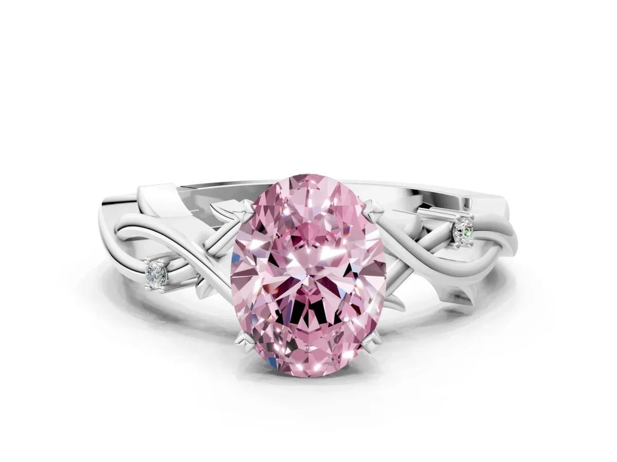 Fancy Pink Oval Cut Diamond Solitaire Ring with Twisted Band and Prong Setting Silver