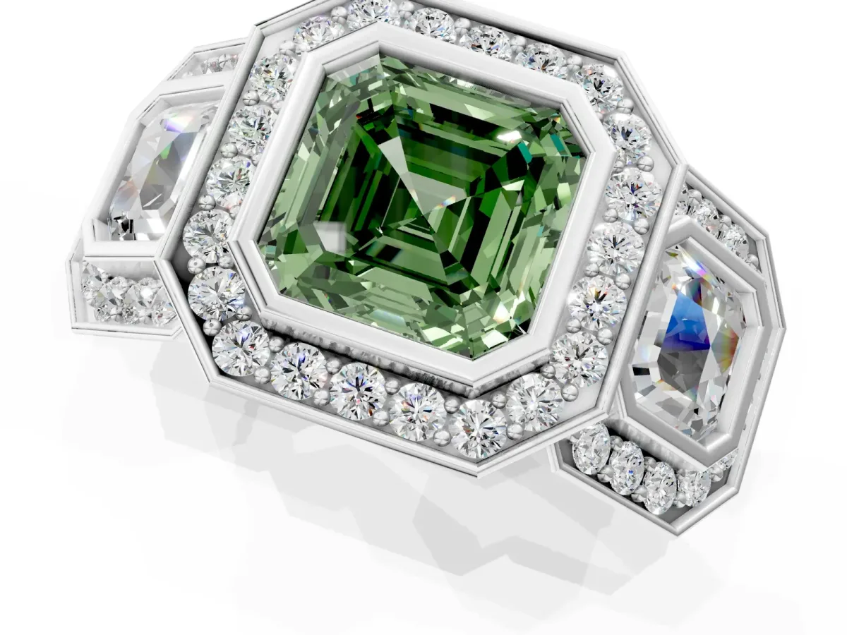 Fancy Green Three-Stone Asscher Cut Halo Pavé Diamond Ring Platinum