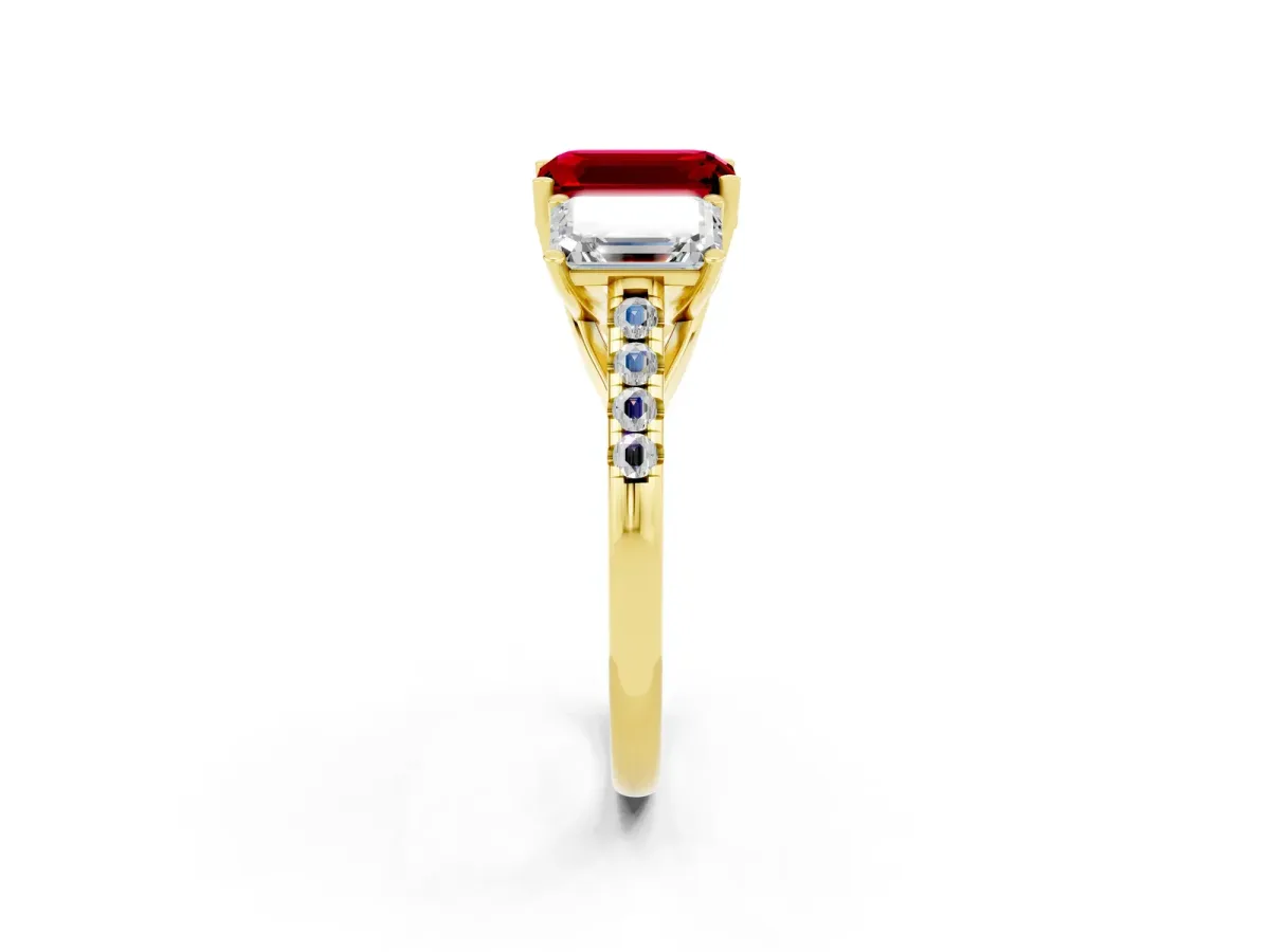Three-Stone Emerald Cut Ruby Ring with Round Pavé Band and Prong Setting Yellow gold