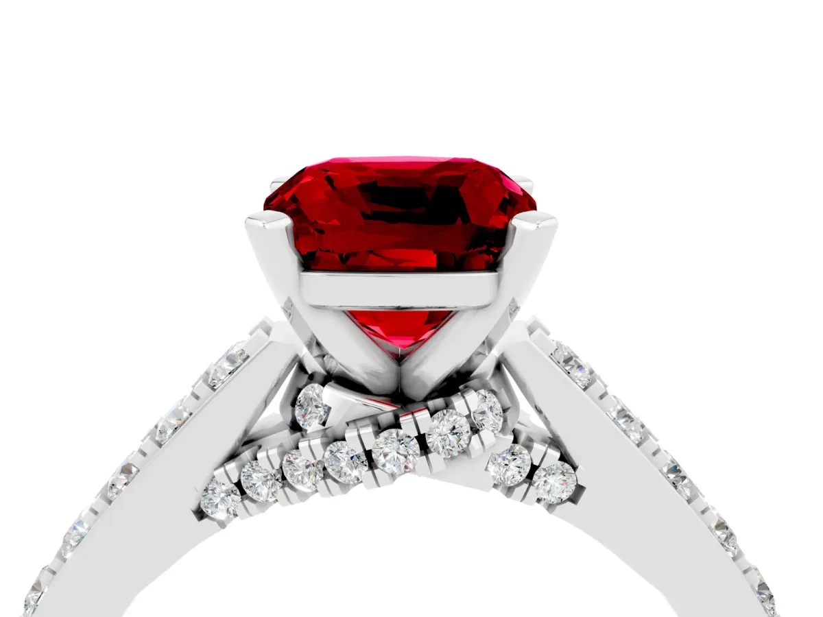 Cushion Cut Ruby Solitaire Ring with Crossover Gallery and Round Pavé Band Platinum