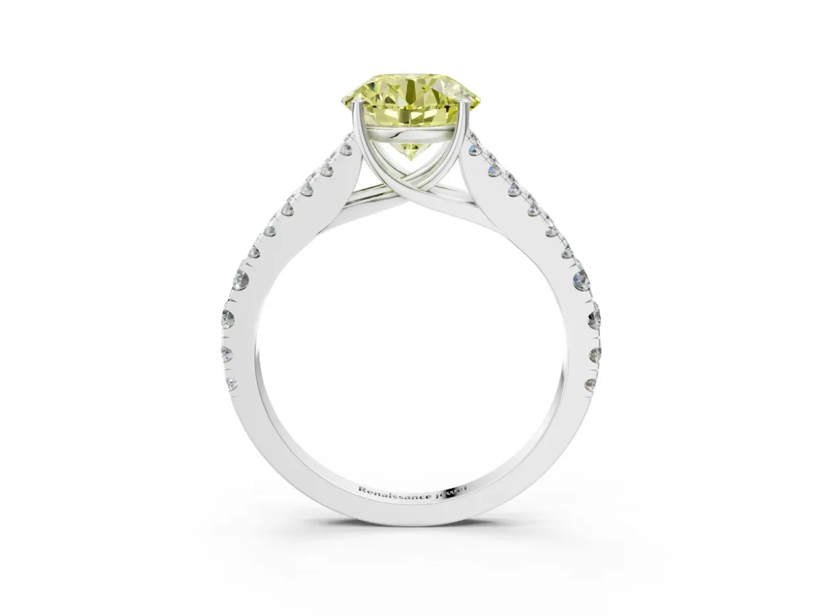 Fancy Yellow Round Cut Diamond Split Shank Engagement Ring with Round Pavé and Prong Setting Platinum