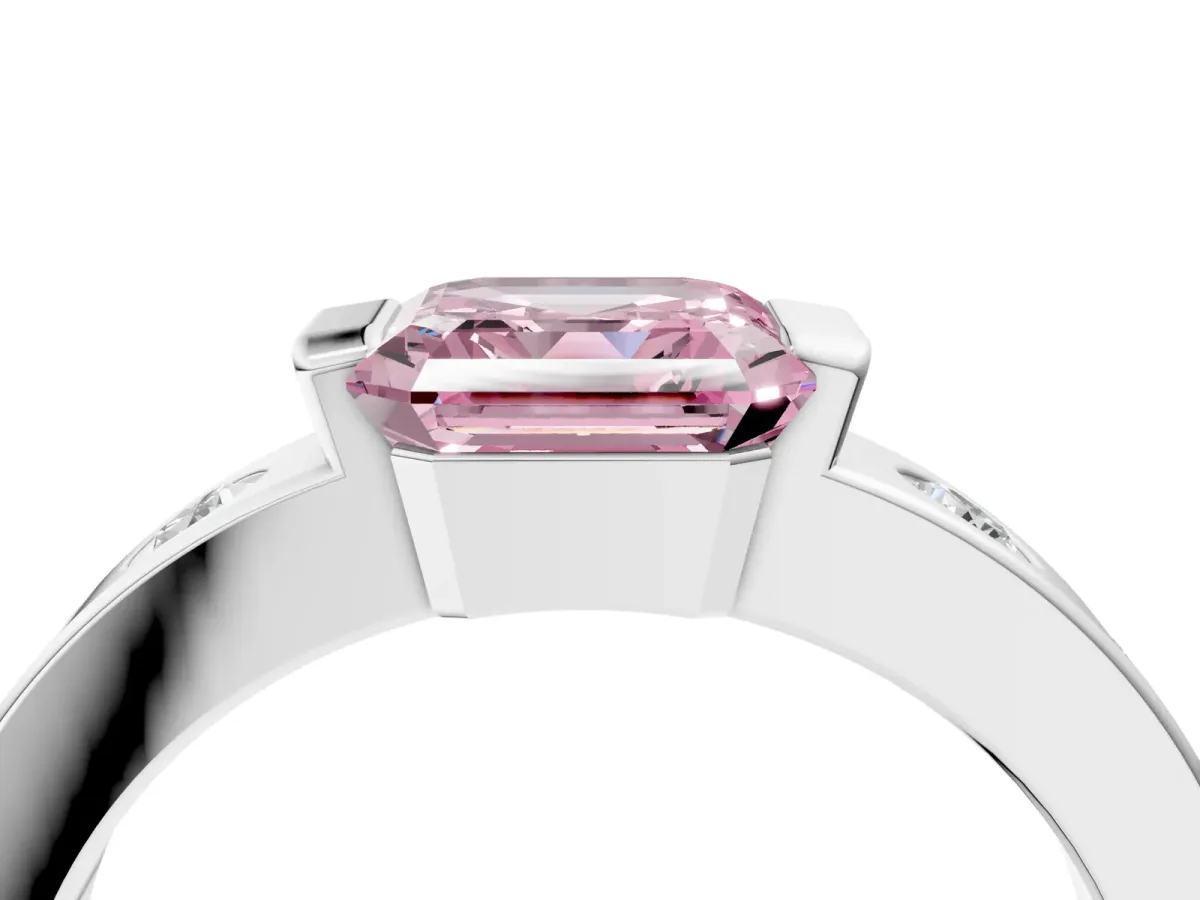 Fancy Pink Asscher Cut Brilliant Channel-Set Diamond Ring with Bezel Prong Setting Platinum