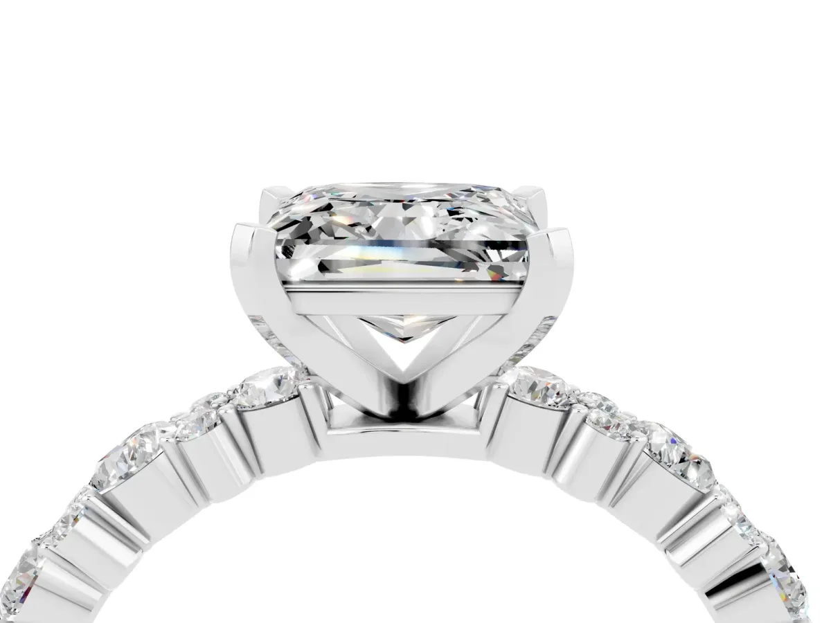Princess Cut Moissanite Side Stone Solitaire Ring with Round and Four-Prong Setting Silver