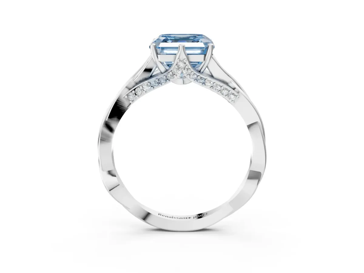 Fancy Blue Asscher Cut Solitaire Twist Band Six-Prong Setting Platinum