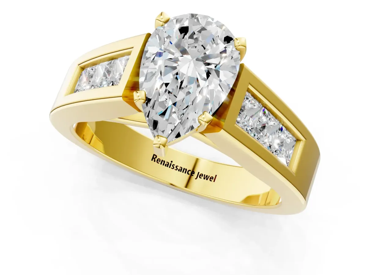 Pear Cut Cut Channel Set Solitaire Ring with Four-Prong Setting Yellow gold