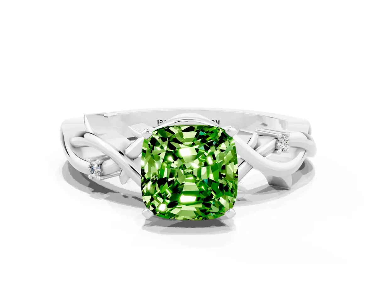 Cushion Cut Peridot Solitaire Ring with Twisted Band and Prong Setting Platinum