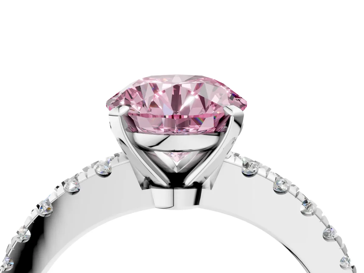 Fancy Pink Round Cut Solitaire Diamond with Pavé Band and Four-Prong Setting Silver