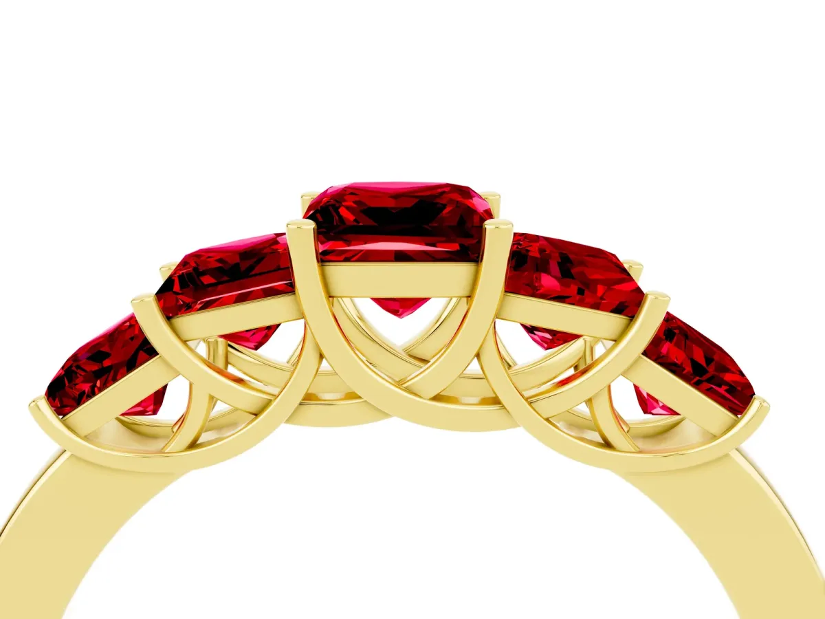 Princess Cut Five-Stone Ruby Ring with Classic Prong Setting Yellow gold