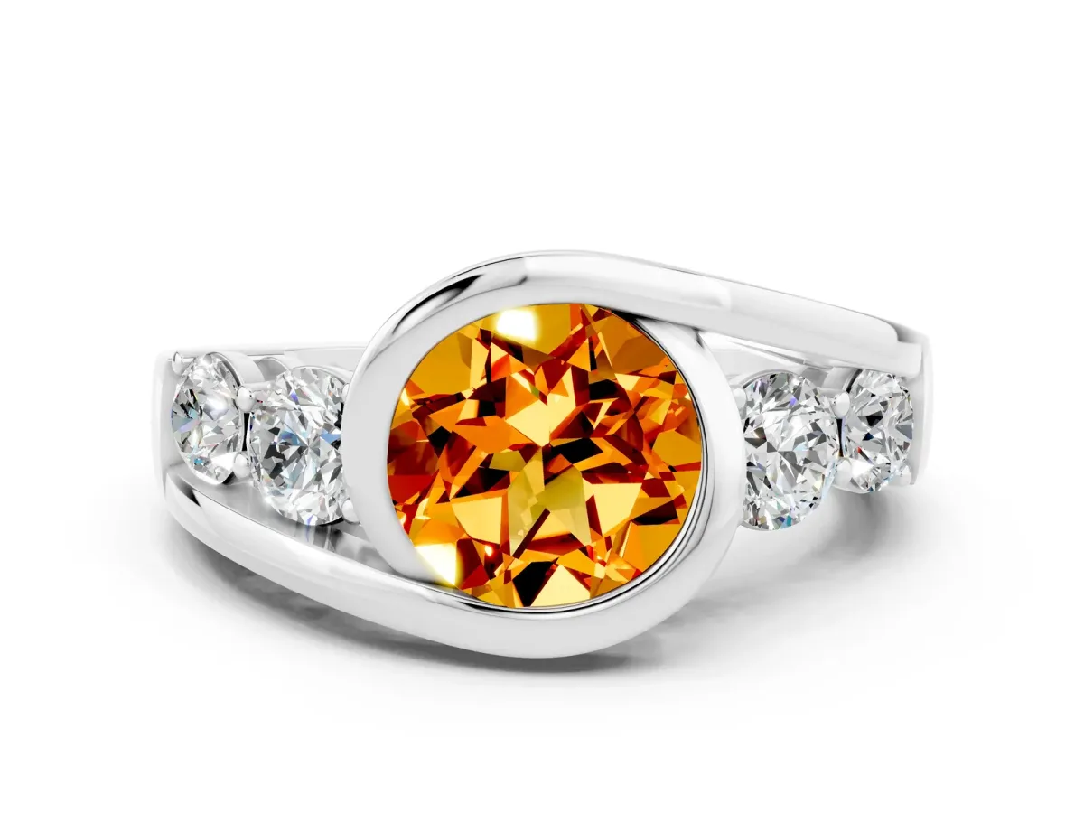 Bezel Set Round Cut Citrine Bypass Ring with Round Accents Silver