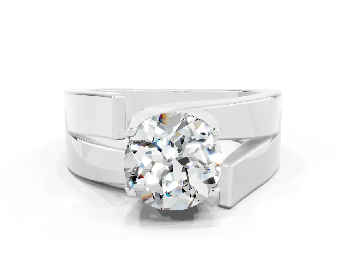 Modern Tension Set Round Cut Moissanite Solitaire Wide Band Ring Silver