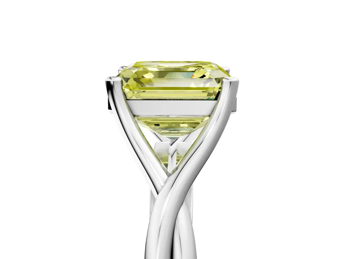 Fancy Yellow Asscher Cut Diamond Solitaire Twist Band Prong Setting Ring Platinum