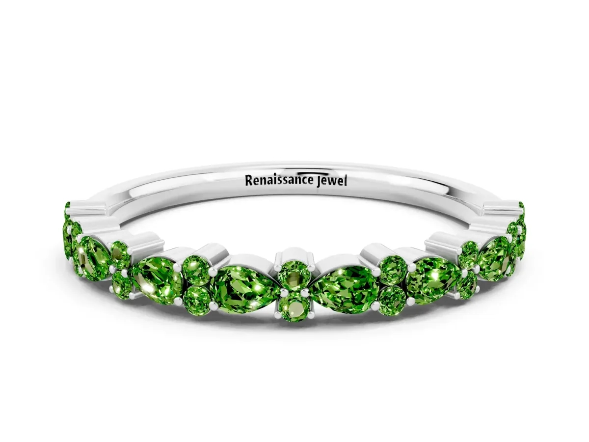 Pear and Round Peridot Wedding Band Silver