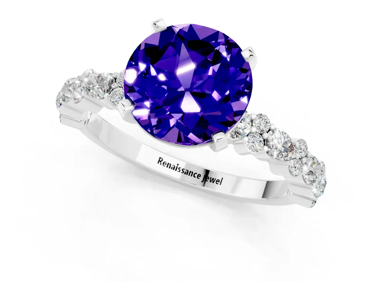 Round Cut Tanzanite Side Stone Solitaire Ring with Round and Four-Prong Setting Silver