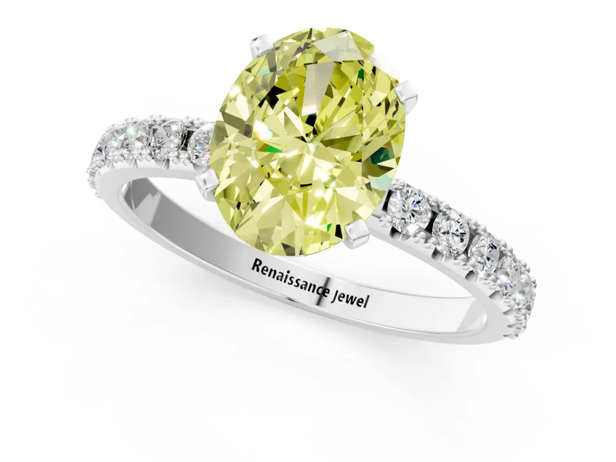 Fancy Yellow Oval Cut Diamond Solitaire Pavé Band with Four-Prong Setting Silver