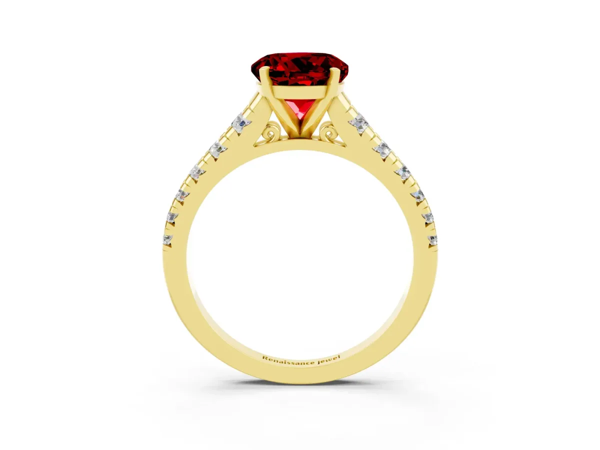 Round Cut Ruby Cathedral Solitaire Ring with Round Pavé Band Yellow gold