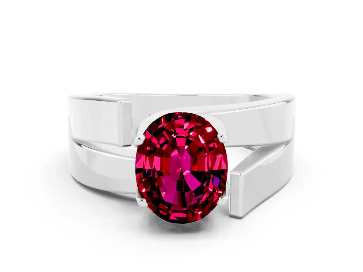 Modern Tension Set Oval Cut Garnet Solitaire Wide Band Ring Silver