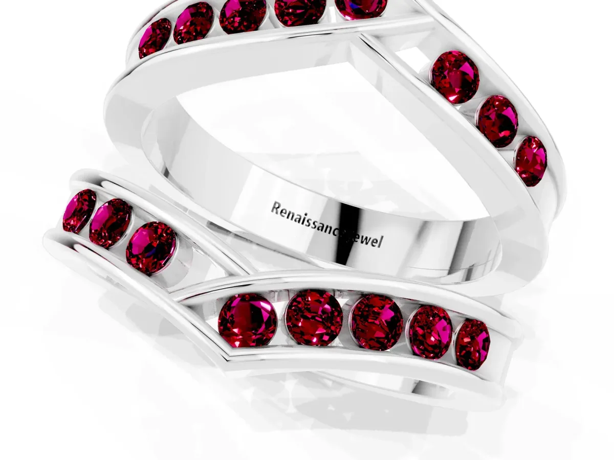Round Garnet Channel-Set Chevron Band Platinum