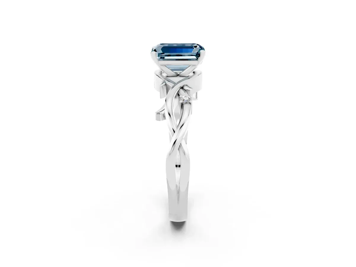 Emerald Cut Aquamarine Solitaire Ring with Twisted Band and Prong Setting Silver